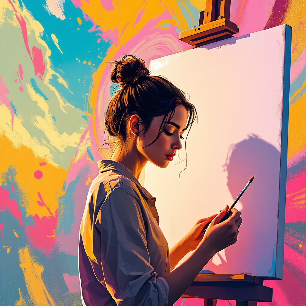 A young artist stands poised before a blank canvas, deep in thought, surrounded by vibrant, swirling colors that express the contrast between dreams and reality.