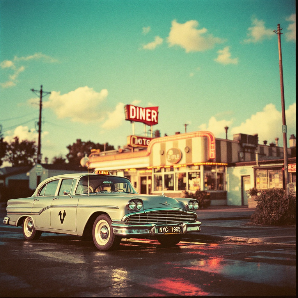 A vintage car parked in front of a retro diner under a bright sky, evoking a sense of nostalgia and the notion that the past can resurface unexpectedly.