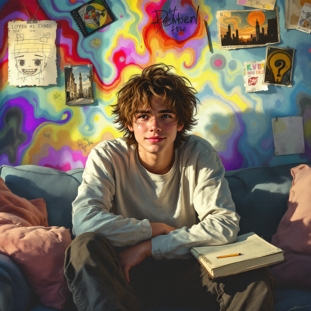 A young person sits on a couch, surrounded by colorful, abstract wall art and notes. They hold a notebook, embodying curiosity and a passion for exploration.