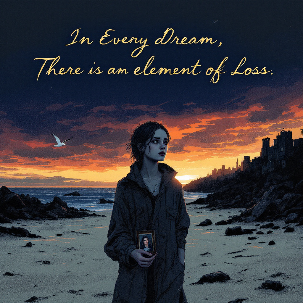 A contemplative figure stands on a beach at sunset, holding a photograph, with the quote In every dream, there is an element of loss elegantly displayed above.