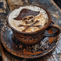A coffee cup with foam art depicting a pirate skull and crossbones, inspired by the quote, I can’t fight pirates without coffee. The cup sits on a rustic saucer with scattered coffee beans.