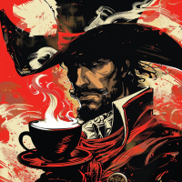 A rugged pirate captain, wearing a tricorn hat and red cloak, holds a steaming cup of coffee with a determined expression, set against a dynamic red background.