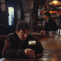 A man sits at a dimly lit bar, leaning over his beer with a contemplative expression. Another person stands behind the bar. The scene relates to Arthur's struggle with Thursdays from a book quote.