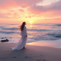 A woman in a flowing white dress stands on a beach at sunset, gazing at the horizon. The scene embodies the idea of success as a journey of daily habits rather than a single transformation.