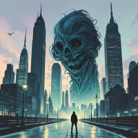 A figure stands in a deserted cityscape, facing a towering, monstrous skull-like entity, embodying fear and darkness, evoking the quote, “This city is afraid of me. I have seen its true face.”