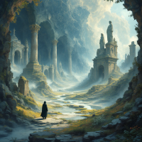 A lone figure walks through a misty, ancient landscape filled with crumbling ruins and towering statues, embodying the quote, The past is not dead; it is not even past.