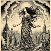 A powerful figure with flowing hair stands amidst a fantastical cityscape, embodying the dual nature of imagination in creating and destroying worlds.