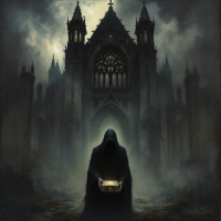 A cloaked figure holds a glowing box in front of a dark, gothic castle, shrouded in mist, embodying the quote about the human mind's approval of evil.