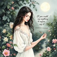 A serene woman in a flowing white dress stands among blooming flowers, holding a pen, as a full moon illuminates the scene. The quote reminds us to express our thoughts today.