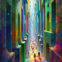 A vibrant, labyrinthine corridor stretches into the distance, populated by silhouettes, reflecting the concept of personal traps within a complex world.