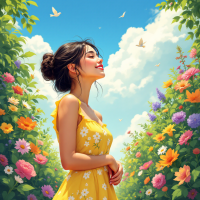 A woman in a yellow sundress stands joyfully in a vibrant flower garden, basking in sunlight and surrounded by colorful blooms, embodying the essence of making the most of life.