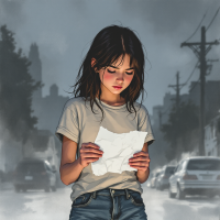 A girl stands on a rain-soaked street, holding a crumpled piece of paper. Her expression reflects contemplation and vulnerability, embodying the struggle of young love.