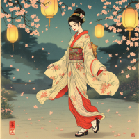 A graceful woman in a flowing kimono dances among cherry blossoms and lanterns, embodying the quote about dance as a step toward love. The scene radiates romance and joy.