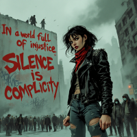 A defiant figure in a leather jacket stands in an urban landscape, with a powerful quote highlighted behind her: In a world full of injustice, silence is complicity.