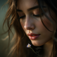 A contemplative young woman gazes down at a small flower, embodying the essence of love and beauty, echoing the sentiment: Beloved is the one who was loved.