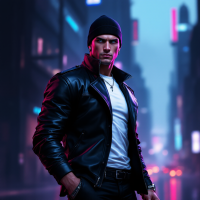 A confident man in a black leather jacket and beanie stands in a neon-lit cityscape, embodying the essence of a skilled professional thief.