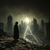 A figure in a dark cloak stands on a rocky ledge, overlooking a desolate cityscape at sunset, embodying the quote about humanity as a potential threat to its own existence.