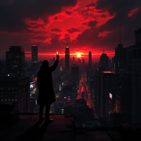 A silhouetted figure stands on a rooftop, holding a light against a dramatic, red sunset over a bustling city, evoking the sentiment that truth is a rare luxury amidst deception.