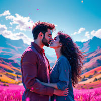 A couple embraces and kisses in a vibrant landscape filled with purple flowers, mountains in the background, embodying a love that inspires them to explore the world.