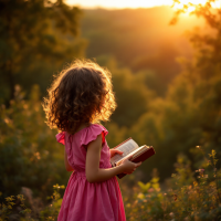 A young girl in a pink dress stands in a sunlit meadow, holding an open book, embodying the quote, There are no real endings, only new beginnings, with a serene backdrop of trees and sunset.