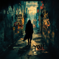 A shadowy figure walks down a gritty alley, illuminated by city lights, with graffiti reading, Death doesn’t respect the living, so why should you? creating a stark and thought-provoking atmosphere.