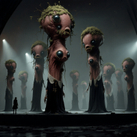 Alien, pinkish-brown fleshy pillars with heavy, sensor-studded heads topped by off-colored moss, draped in black and white fabrics, standing in a dark, foggy space.