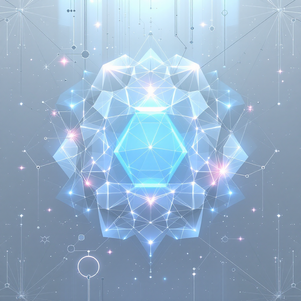 A geometric, crystalline structure radiates a soft blue glow against a light gray background, symbolizing unity and efficiency through its interconnected patterns and luminous details.