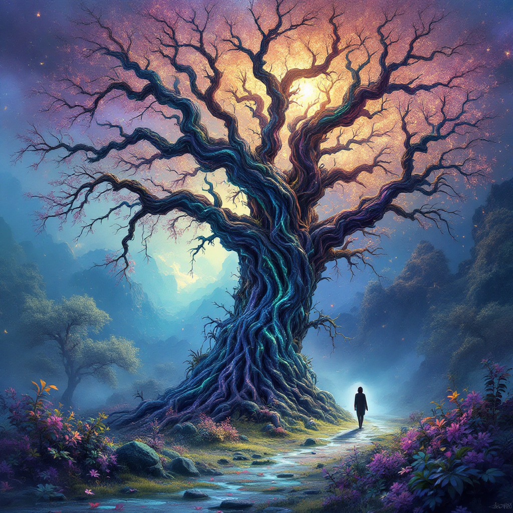 A mystical, vibrant tree with twisting branches glows at its crown, while a figure walks along a winding path through a serene, enchanted landscape, reflecting the theme of perception versus reality.