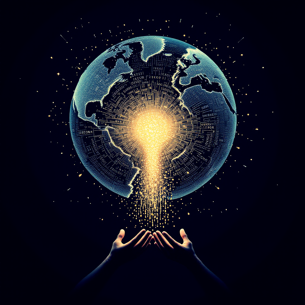 A glowing globe radiates light from its center, held by outstretched hands, symbolizing the idea that information seeks freedom but is not owned by anyone.