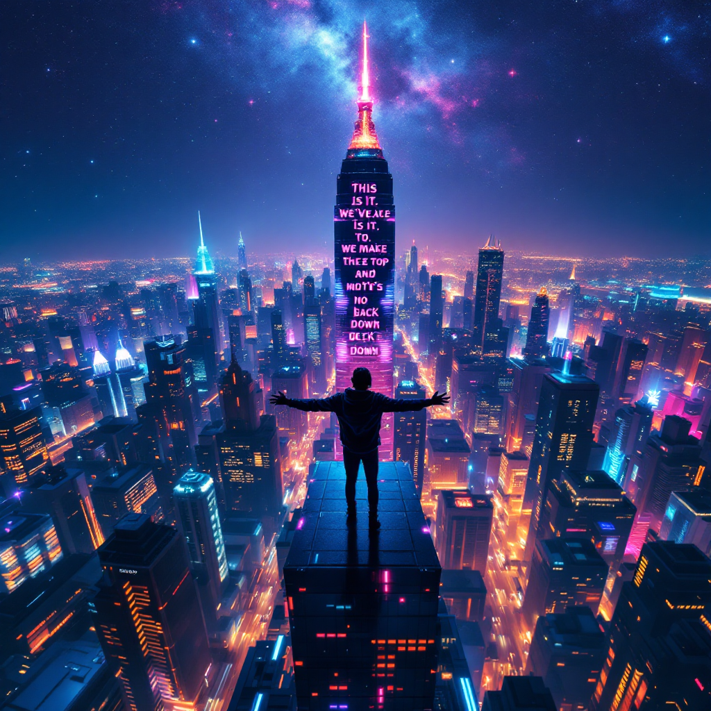 A silhouetted figure stands atop a skyscraper, arms outstretched toward a vibrant cityscape illuminated by neon lights, with the quote displayed on the building’s surface.