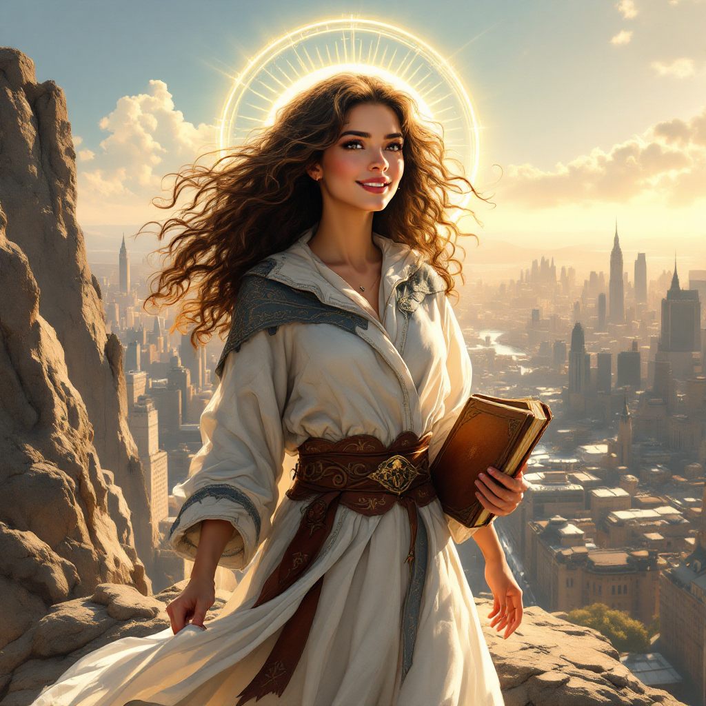 A woman with flowing hair stands confidently on a rocky outcrop, holding a book, with a city skyline behind her. A glowing halo surrounds her, symbolizing empowerment and self-determination.