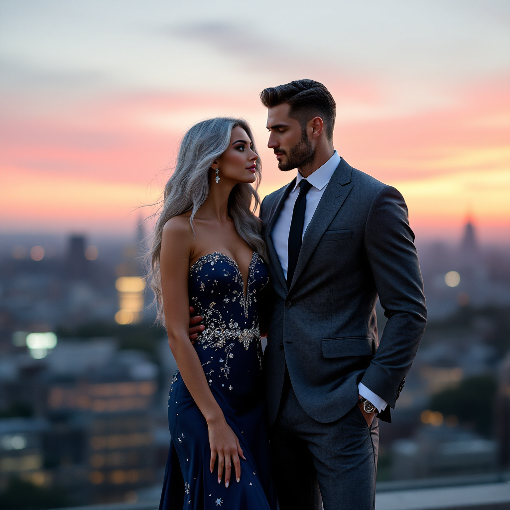 A couple in formal attire gazes into each other’s eyes against a vibrant sunset skyline, embodying the complexity of human connections—no heroes, no villains, just us.