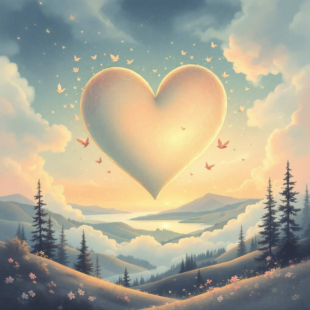 A glowing heart hovers above a serene landscape, surrounded by soft clouds and mountains, embodying the essence of love as a fleeting yet powerful emotion.