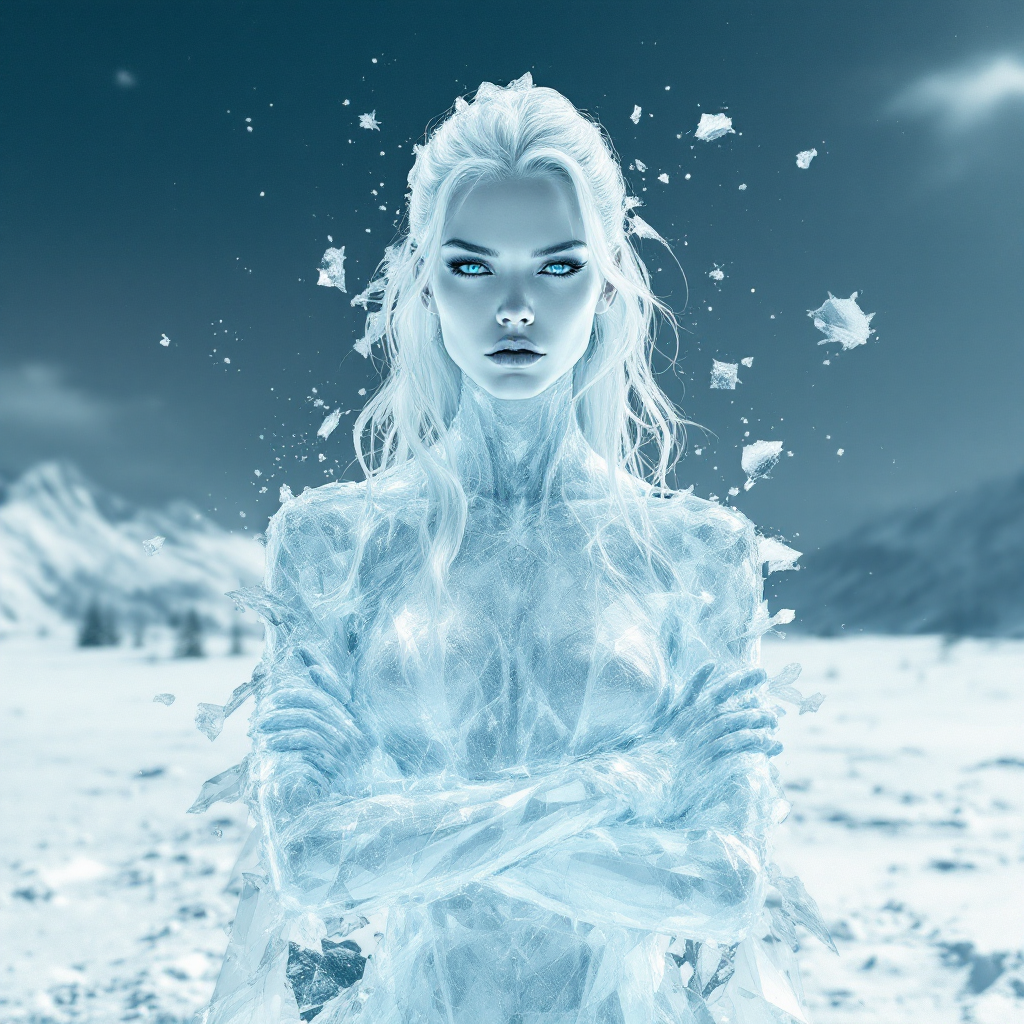 A striking figure emerges from icy surroundings, embodying strength and resilience. Her powerful expression reflects the sentiment, The only person standing in your way is you.