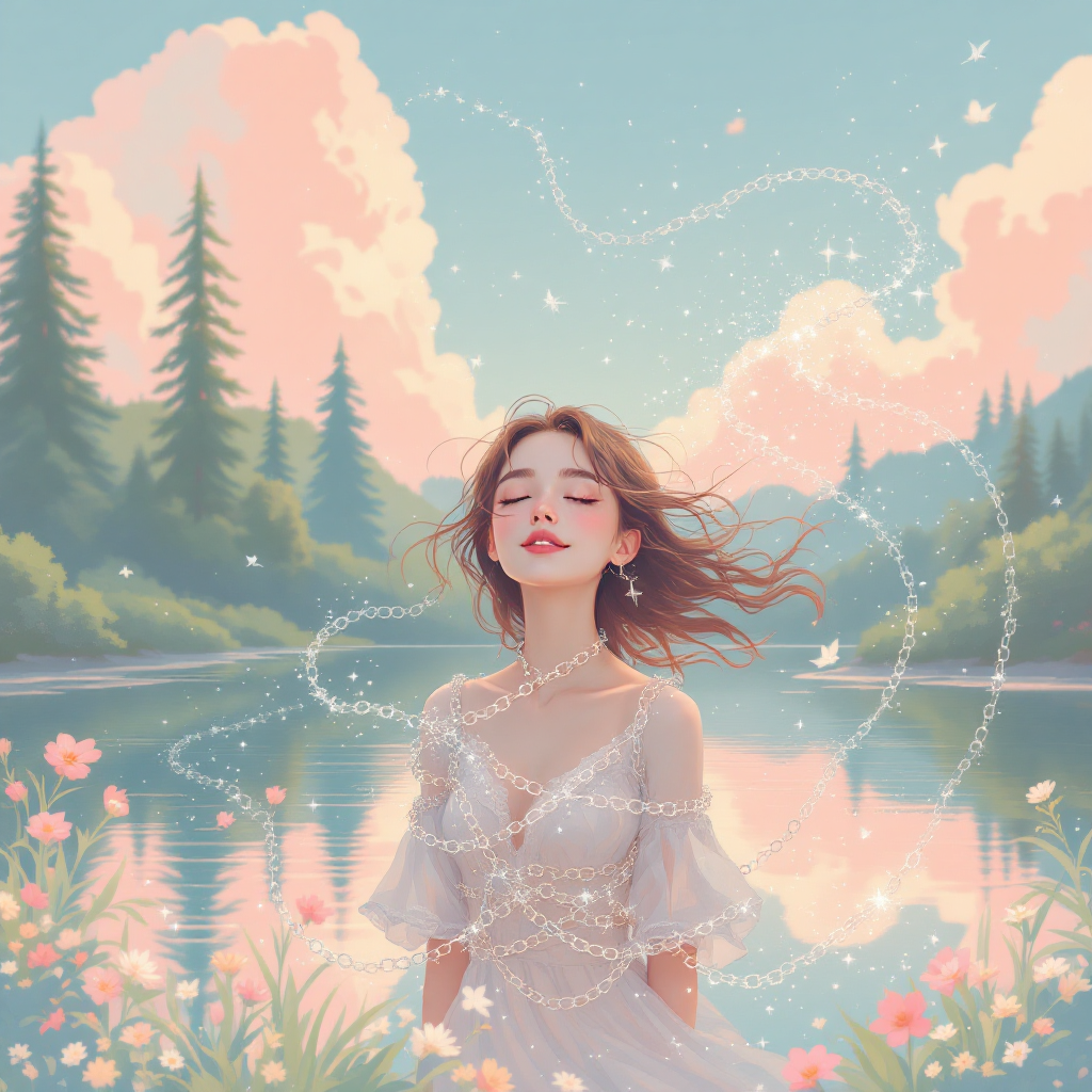 A serene woman in a flowing white dress stands by a tranquil lake, surrounded by vibrant flowers and soft clouds, symbolizing the freedom to break the chains of choices.