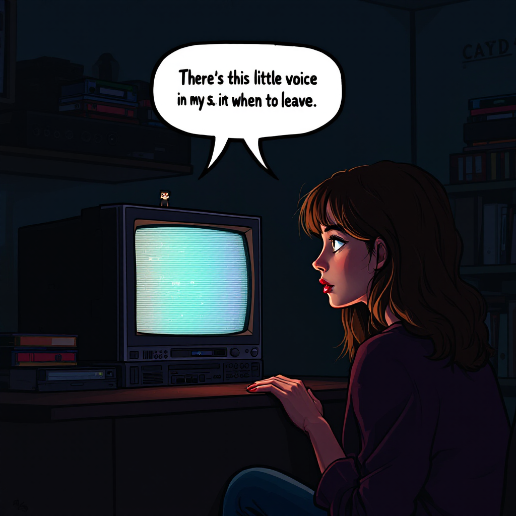 A young woman sits pensively in a dimly lit room, gazing at a vintage TV with static. A speech bubble reveals her thoughts: There's this little voice in my head that tells me when to leave.