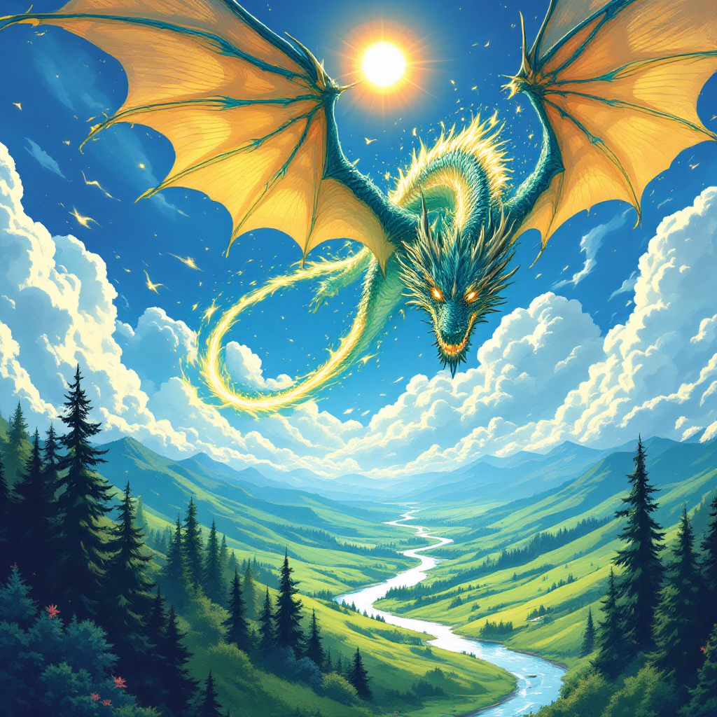 A vibrant dragon with golden wings soars over a lush valley, under a bright sun and fluffy clouds, embodying a magnificent sight to see.