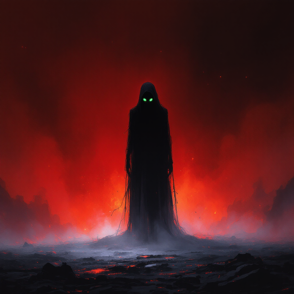 A shadowy figure with glowing green eyes stands in a fiery, dark landscape, symbolizing the haunting feeling of being treated like one is already dead.