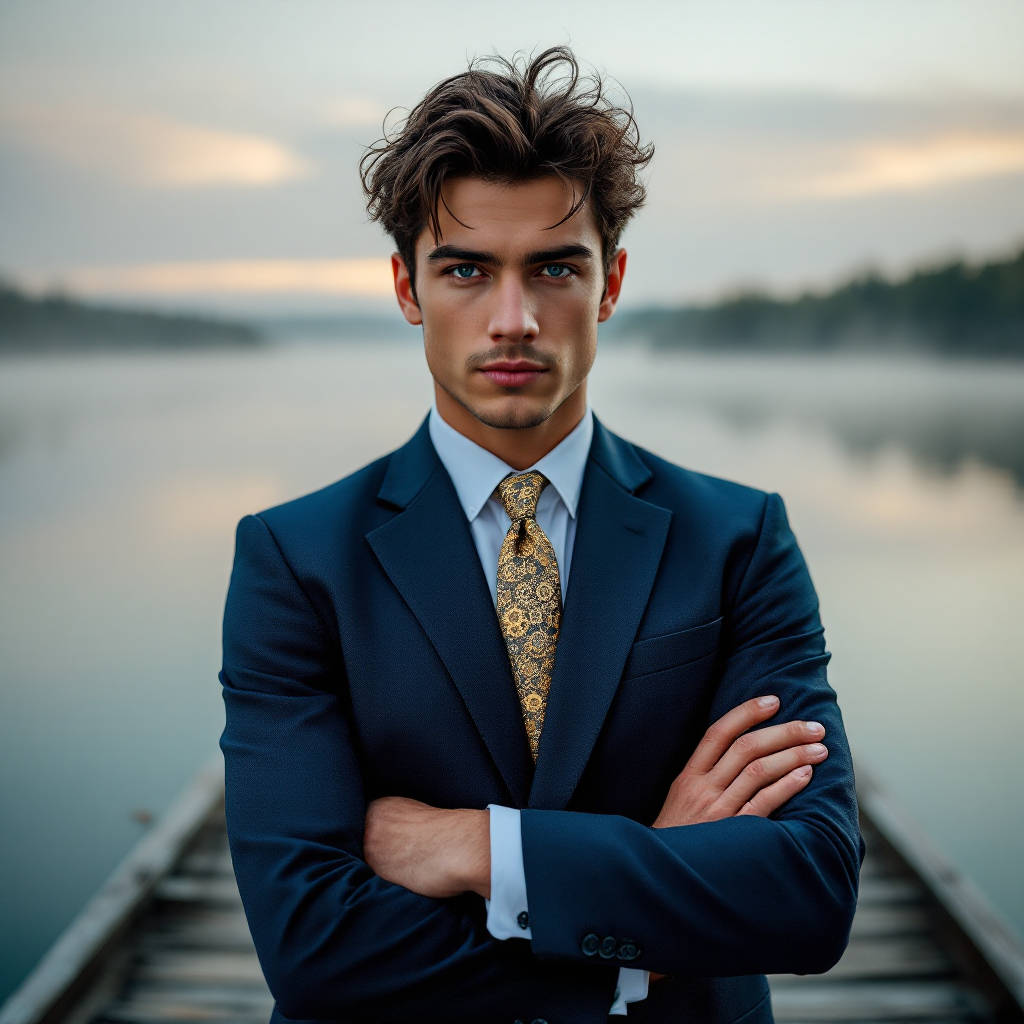 A confident young man in a suit stands with arms crossed on a dock, gazing into the distance over a serene lake, embodying determination and hope.