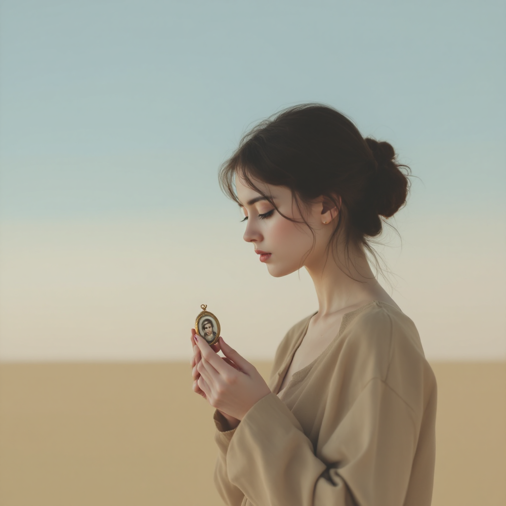 A young woman stands in a vast, sandy landscape, holding a vintage locket close to her chest, capturing the essence of love and memory as evoked by the quote.