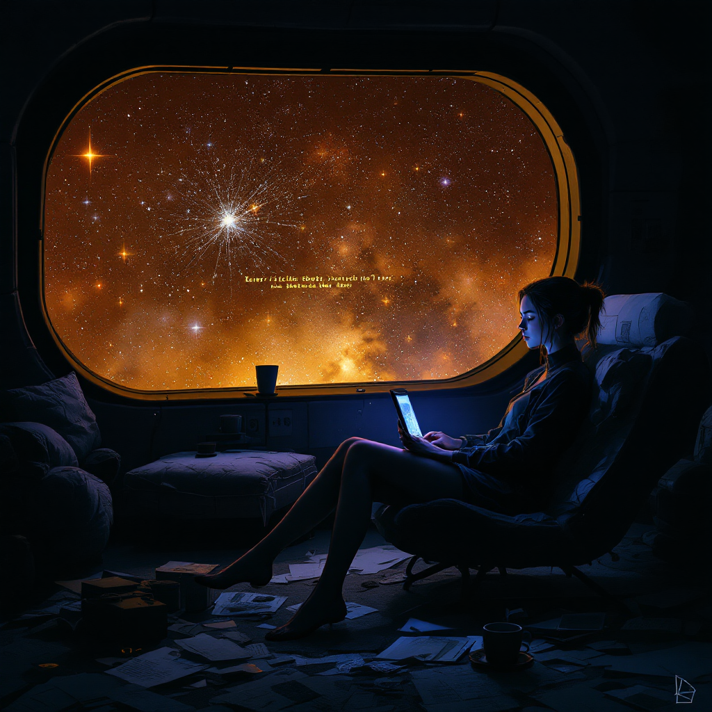 A person sits in a cozy chair, gazing out of a large window into a starry universe, contemplating a quote about life's unpredictable events amidst scattered papers.