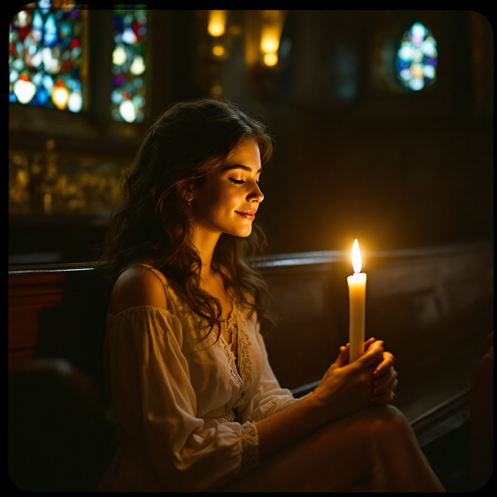 A young woman sits quietly in a dimly lit church, holding a lit candle, embodying the essence of devotion and love for God, as sunlight filters through stained glass windows.