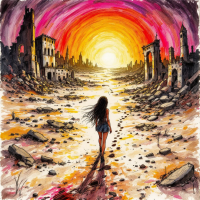 A young girl walks through a desolate landscape, framed by crumbling ruins, as a brilliant sunset glows in the background, embodying resilience amidst history's remnants.