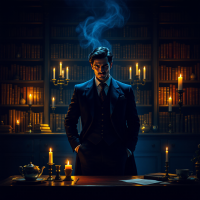 A man in a formal suit stands in a dimly lit library, shrouded in smoke and illuminated by candlelight, embodying the allure of charm intertwined with an ominous presence.