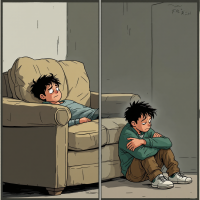 A split image shows a boy slumped on a couch looking discontent, juxtaposed with the same boy curled up on the floor, embodying the struggle of standing up for oneself as he grows.