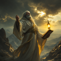 An ancient figure in flowing robes stands atop a rocky landscape, holding a lantern and a book, symbolizing the struggle between enlightenment and disaster, amidst dramatic cloudy skies.