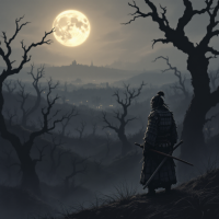 A lone figure in traditional armor stands on a hillside, gazing at a looming full moon above a dark, eerie landscape of twisted trees and distant lights, evoking themes of pain and introspection.