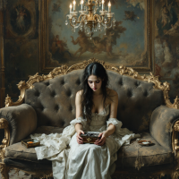 A melancholic woman in a vintage gown sits on an ornate sofa, gazing at a book in a opulent room, embodying the quote’s theme of heartache reflecting the surrounding emptiness.