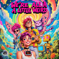 A vibrant illustration featuring four quirky characters radiating individuality, surrounded by colorful swirls and a playful cat, embodying the quote, We’re all a little weird.