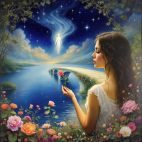 A contemplative woman holds a rose by a serene river, surrounded by blooming flowers. Ethereal lights and a starry sky evoke themes of love and loss intertwined with existence.